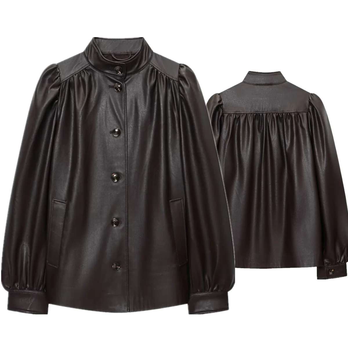 

Maxdutti Fashion Lady Women's Jacket Woman Clothes Tops Vintage Single Breasted Pleated Puff Sleeve Pu Leather Jacket Women