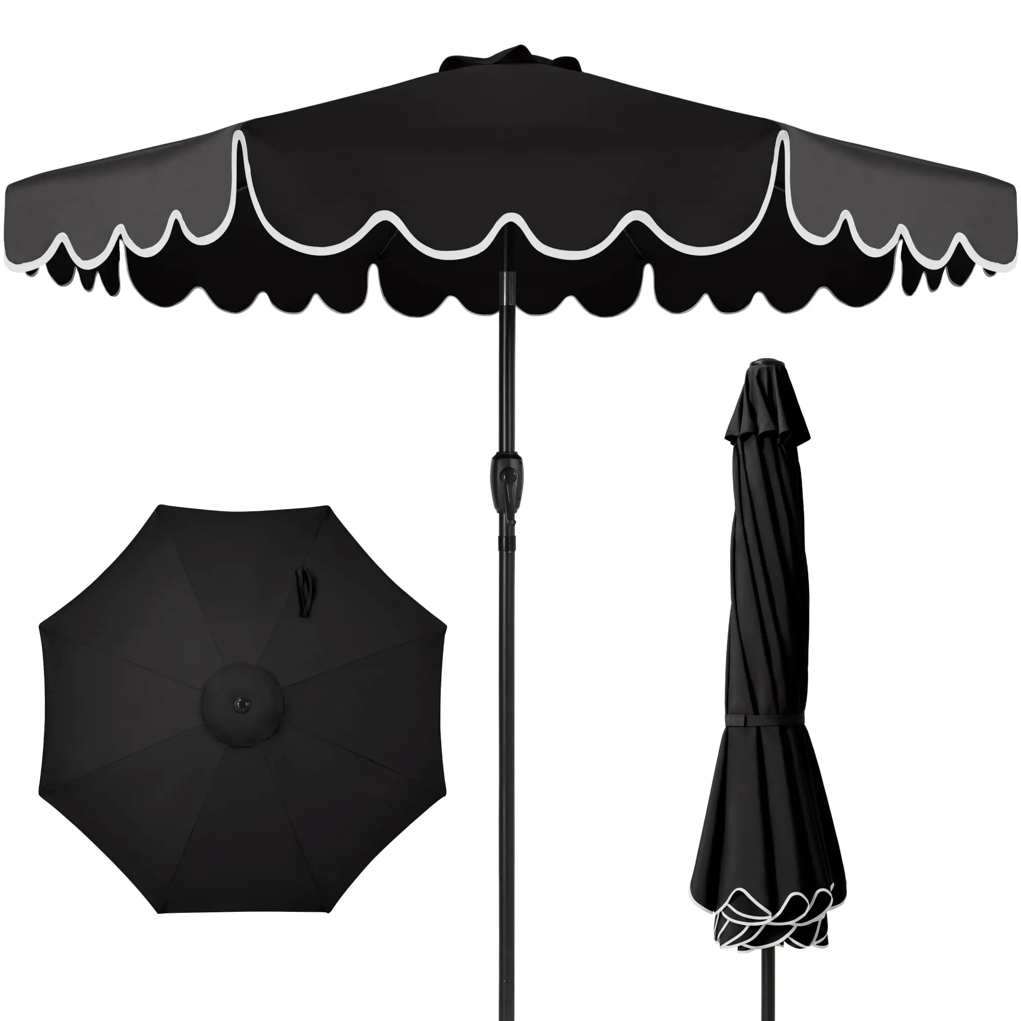 9ft Patio Market Umbrella with Scallop Trim, UV-Fade-Resistant 210g , Crank & , Wind Vent, Heavy-Duty Fe - Black