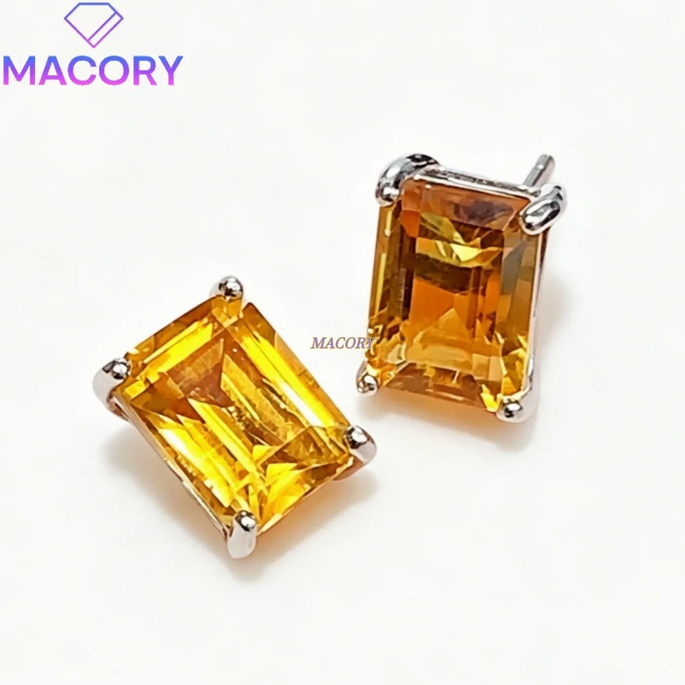 Natural Citrine Stud Earrings S925 Sterling Silver Rectangle Cut Yellow Gemstone Earrings For Women Daily Fine Jewelry Gift
