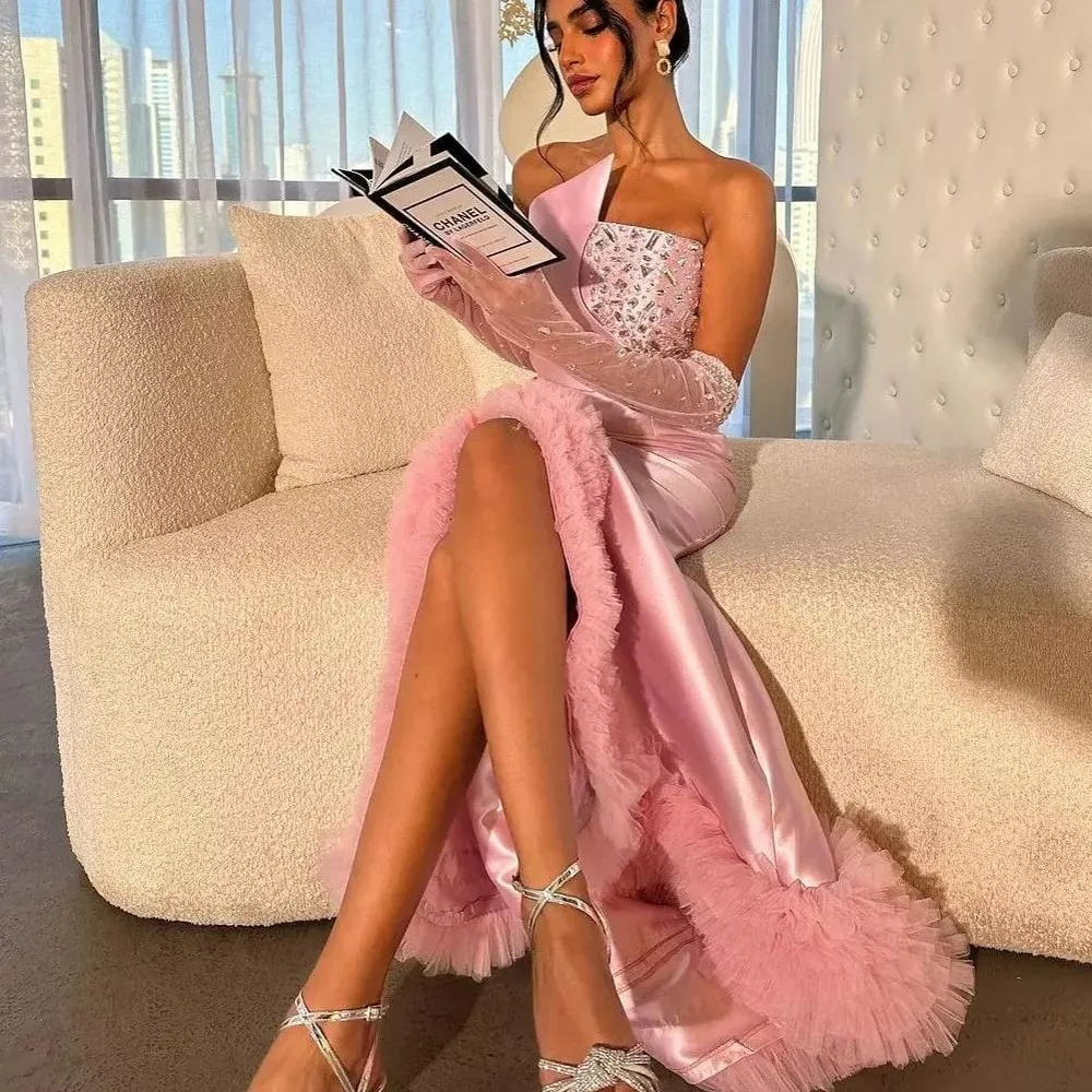 Sexy Pink Asymmetrical Crystal Evening Dresses With Ruffles Trimmed Details Strapless Long Evening Gowns With Gloves