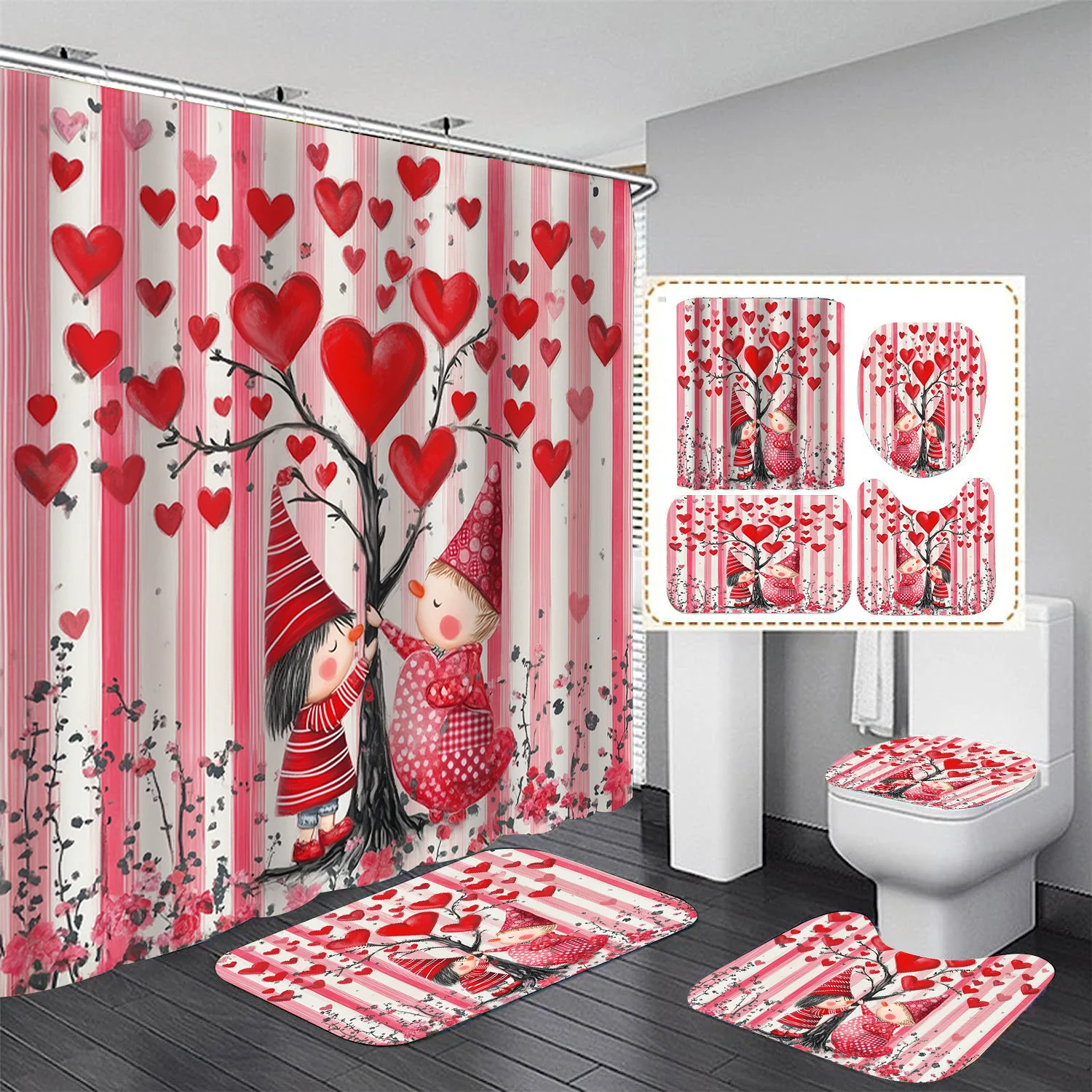 

4pcs Valentine'S Day Shower Curtain Set, Decorating Bathroom Set Includes Printed Shower Curtain, Non-Slip Floor Mat, Toilet