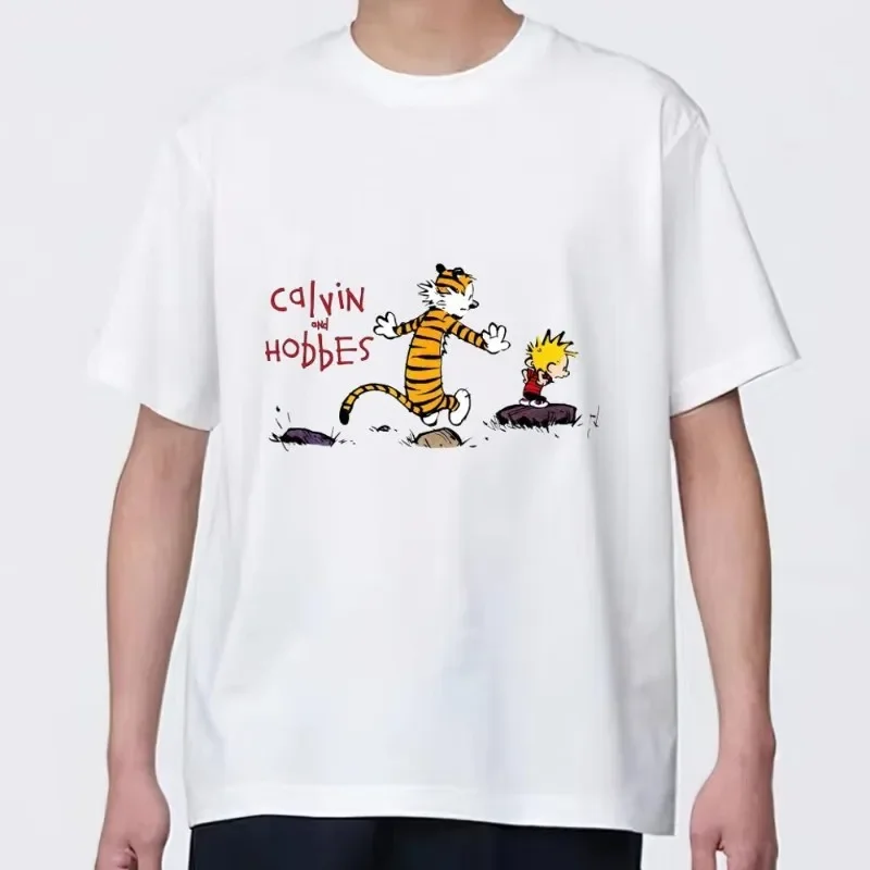 C-Calvin and H-Hobbes Male T-Shirts Anime Cartoon Round Collar Short Sleeves Daily Tops Casual Trendy Comfortable Versatile