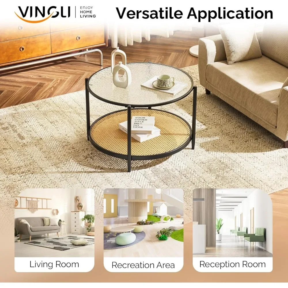 Modern Two-Tier Glass Coffee Table with Rattan Shelf for Home Decor and Storage, 30 Inch Round Living Room Furniture