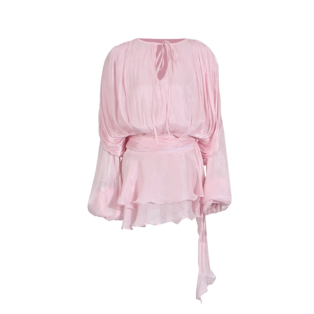 TWOTWINSTYLE Effen Patchwork Lace Up Blouse Mini Jurken Voor Vrouwen V-hals Lange Mouw Zoete Stijl Jurk Vrouwelijke Kleding Mode