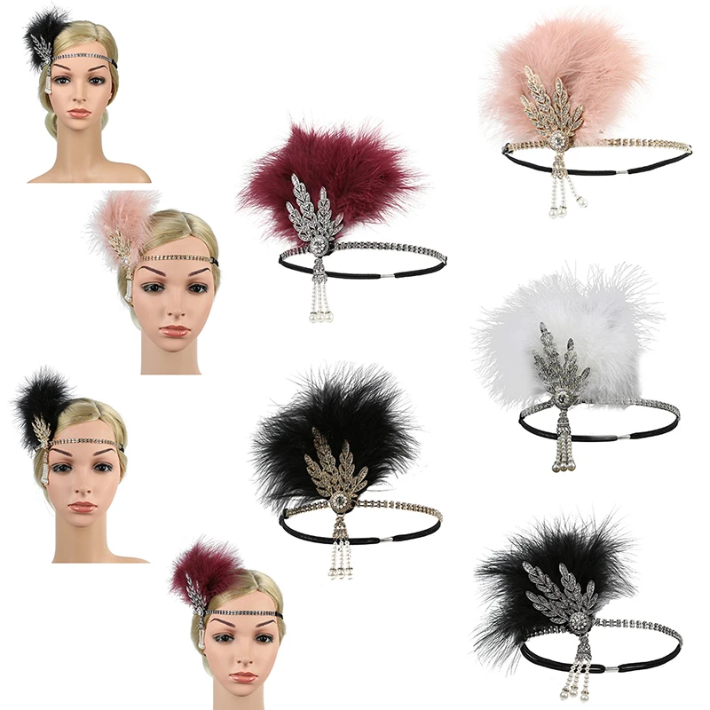 Diadema con Flapper de plumas para mujer, tocado Vintage para fiesta de disfraces, diadema de plumas, 1 piezas