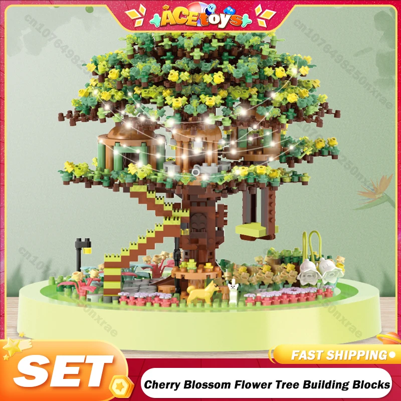 DIY Cherry Blossom Flower Tree House Assembly Building Blocks Light Classic Model Bricks with Dust Cover Set Gifts for Kid Adult