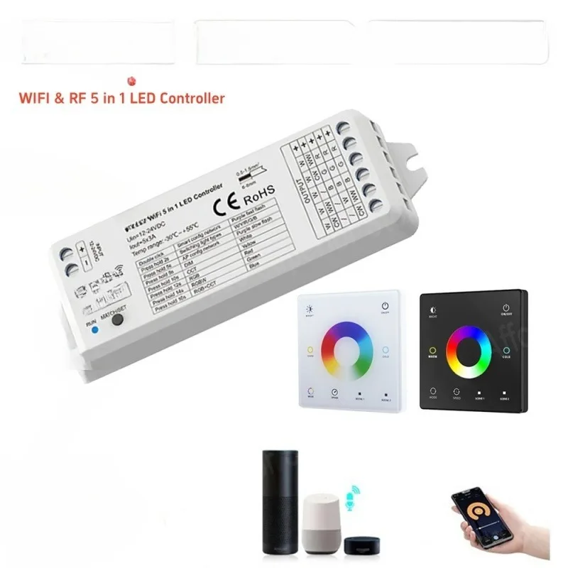 WiFi & RF 5 in 1 LED Controller WT5 2.4G Dimmer for CCT RGB RGBW RGBCCT Strip Light Glass Touch Panel Remote Controller