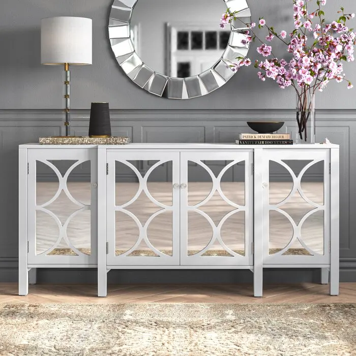 Mirrored Frame 4 Cabinet Doors Sideboard Storage Organization Accent Living Room Cabinet For Home Hotel Furniture