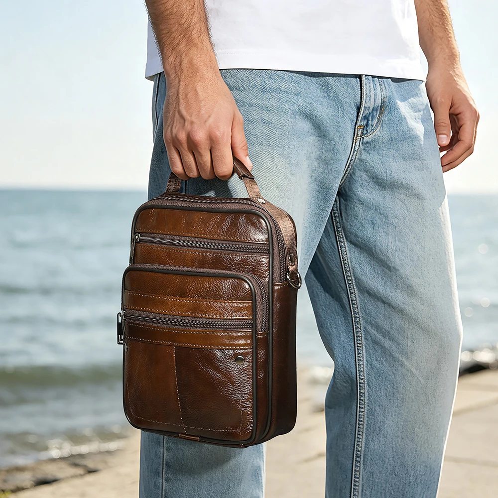WESTAL Men Top Layer Cowhide Crossbody Bag Vintage Messenger Multi Pockets Detachable Strap Shoulder Bag