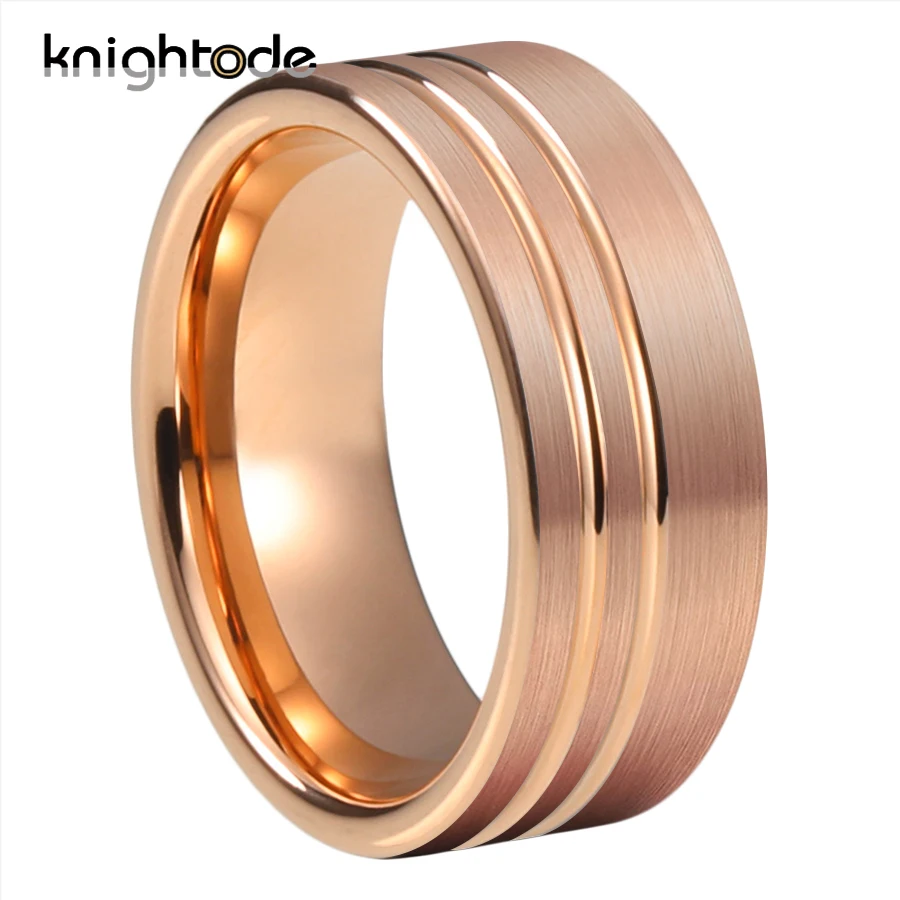 

8mm Tungsten Carbide Wedding Ring Two Offset Groove Flat Brushed Comfort Fit