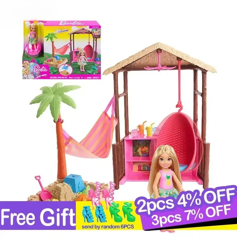 Muñeca Barbie Chelsea Original, cabana de playa, juego temático de viaje, juguete de arena, accesorios para muñecas, casa de muñecas para niñas, juguetes para niños Boneca