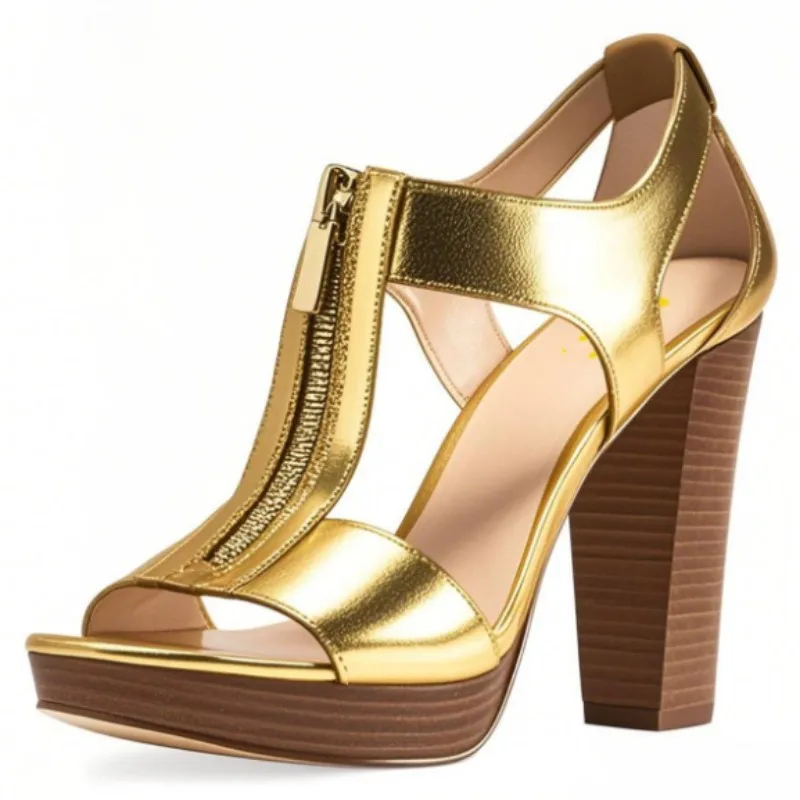 

DIZHUANG Fashionable women's high-heeled sandals. Golden (silver, brown, black) leather sandals. About 13cm heel height. 34-46