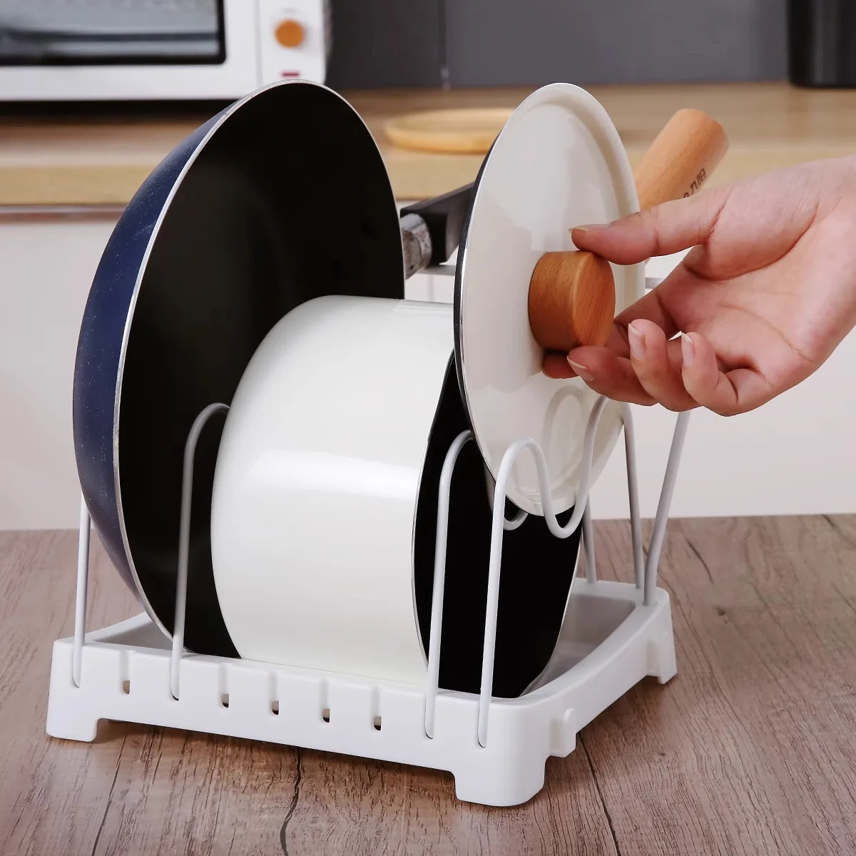 Compact Three-Slot Pot Lid Pan Organizer Pp Base Iron Dividers Non-Slip Silicone Feet Kitchen Counters Cookware Cutting Boards