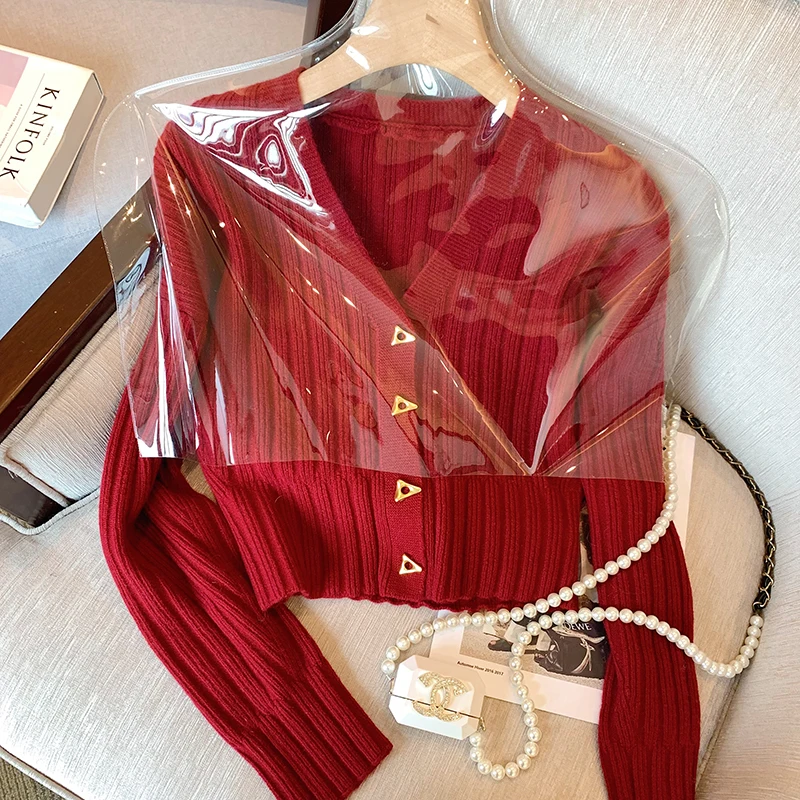 

Elegant V-Neck Long Sleeve Knitwear Women's Autumn Winter New Style Retro Slimming High-End Feelings Open Cardigan