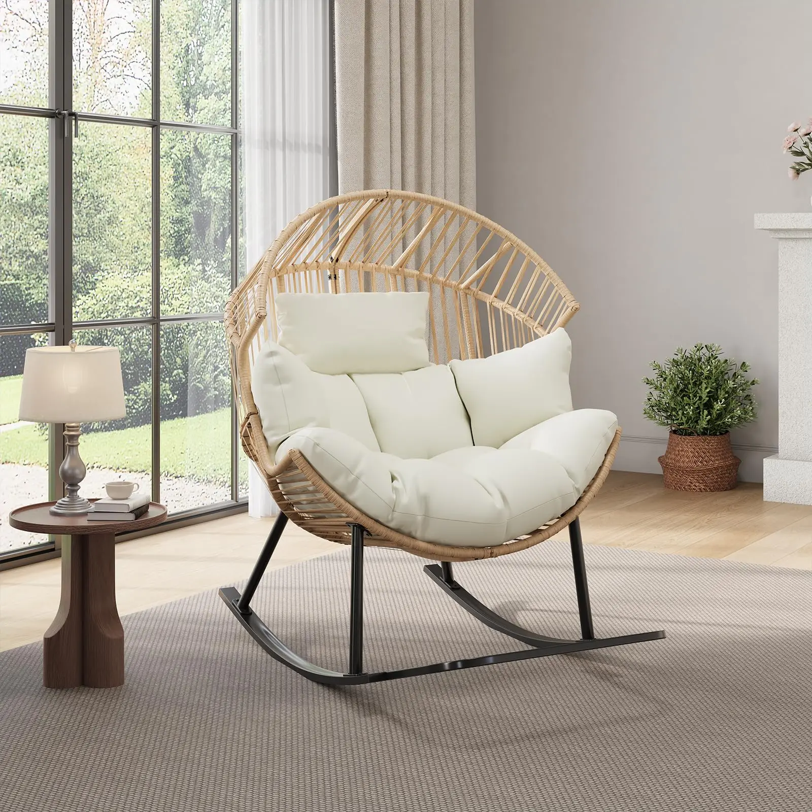 Oversized Ergonomic Wicker Rocking Egg Chair Natural Rattan Lounge Rocker With Extra Soft Pillow And Thick Cream Cushion For Indoor Outdoor Living Room Backyard Garden - view 3
