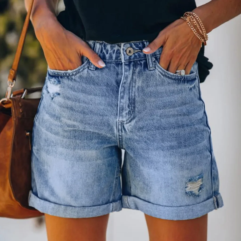 Women Summer Jeans Shorts Retro Hole Ladies Denim Pants Blue Casual Streetwear Folding Edge Shorts 2024