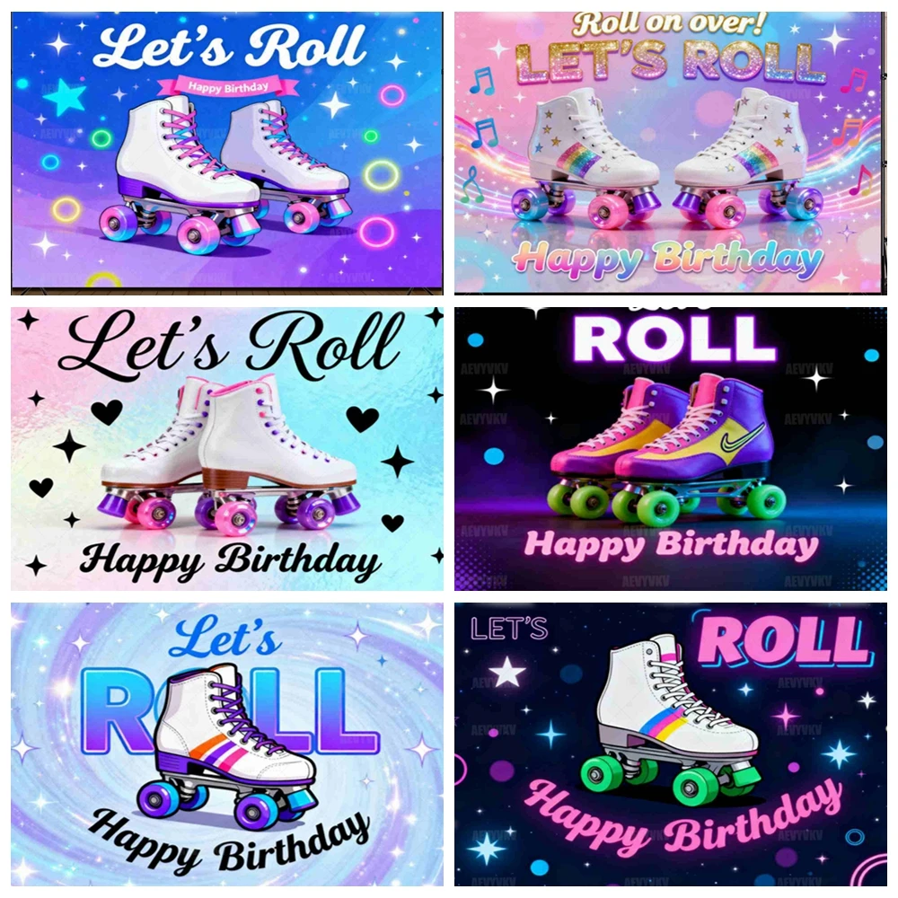 

Let's Roll Happy Birthday Backdrop Retro Roller Skating Party Decor Rainbow Neon Theme Photo Booth Background Let's Roll Props