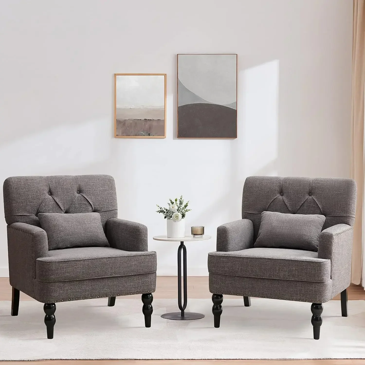 

Tufted Club Chair Set of 2,Accent Chair with Lumbar Pillow,Upholstered Button Armchair,Fabric Sofa Chairs,Living Room