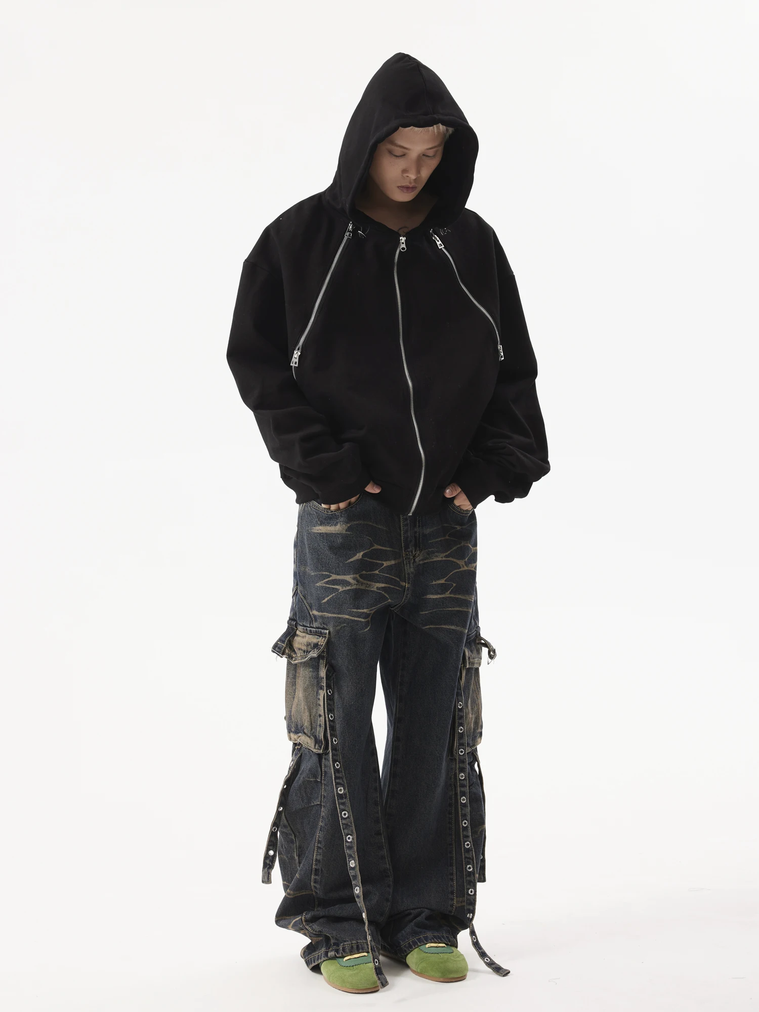 American Retro Corrugated Multi-Pocket Lace-up Jeans Special-Interest Design Heavy Industry Loose Straight Cargo Trousers