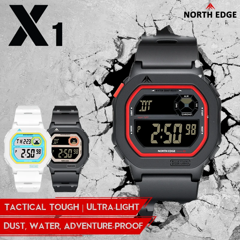 NORTH EDGE Men Watch X1 New Small Square Dial Snooze Stopwatch Luminous Alarm Clock Sports Waterproof Watch for Man with BOX