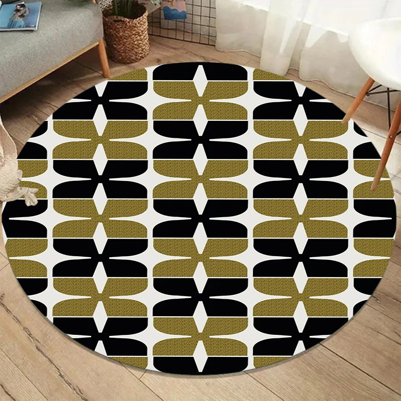 Retro Leaf Grid Round Rug  Mid Century Orange Brown Geometric Decorative Carpet for Indoor Home Decoration Rug