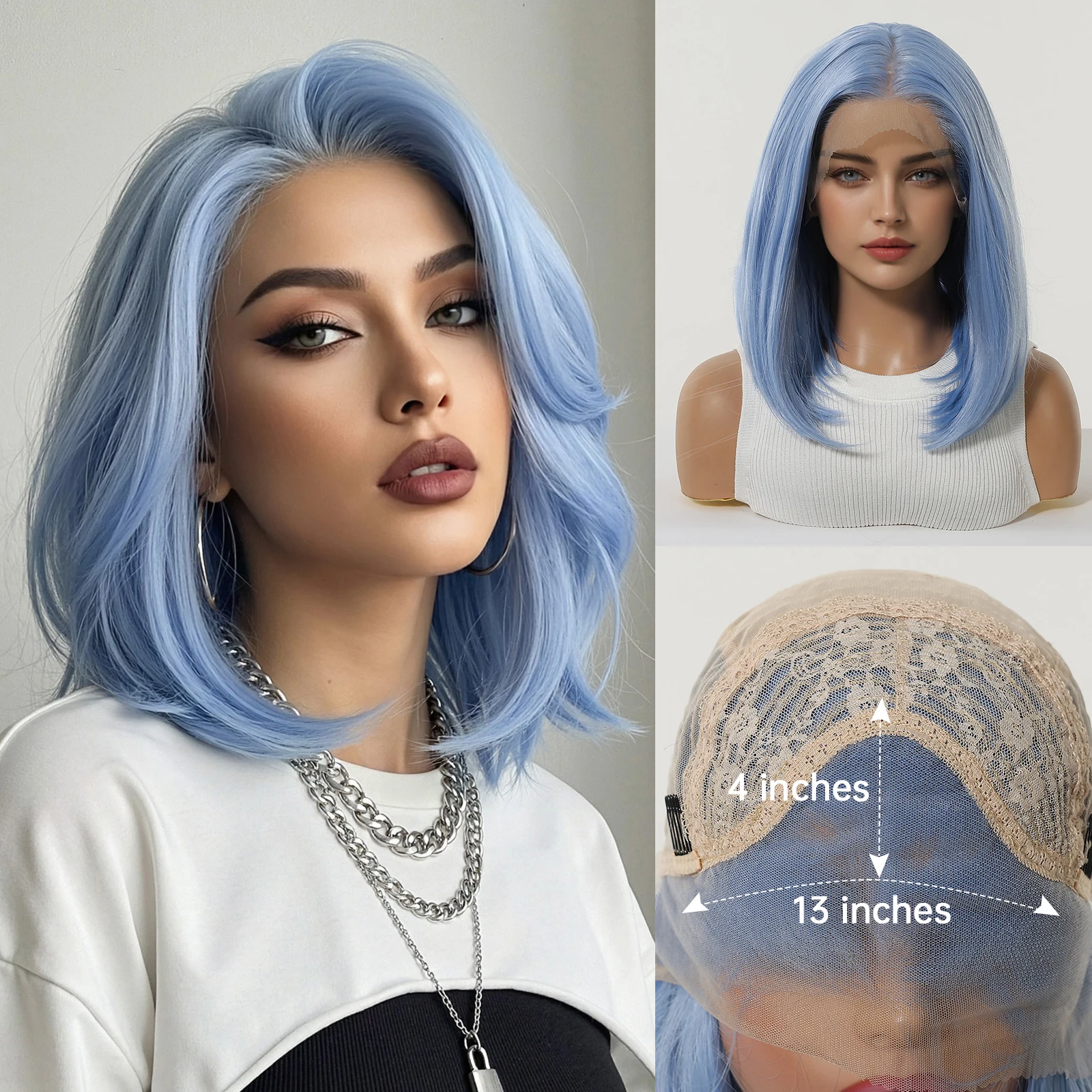 HENRY MARGU Straight Synthetic Lace Front Wig Light Blue Highlight Curly Wig 13*4 Lace Frontal Natural Wig for Women Daily Use
