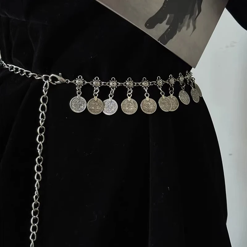 1pcs ethnic style metal belt with long coin pendant for women, vintage and versatile accessory suitable for daily wear.