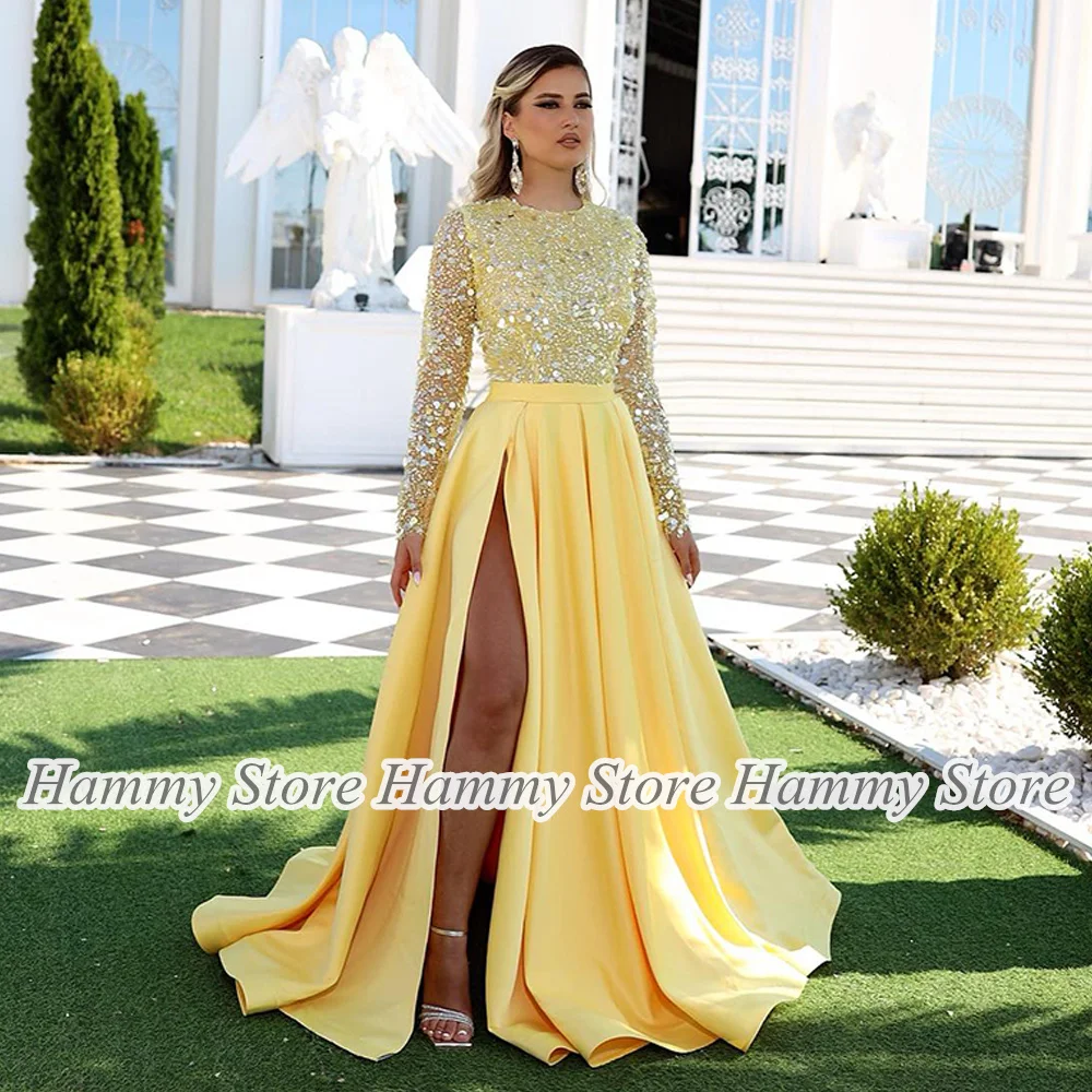 

Yellow Satin Evening Dress Sparkling Sequined Prom Dresses Long Sleeve Round Neck A Line Vestido De Festa Longo Dubai Party Gown