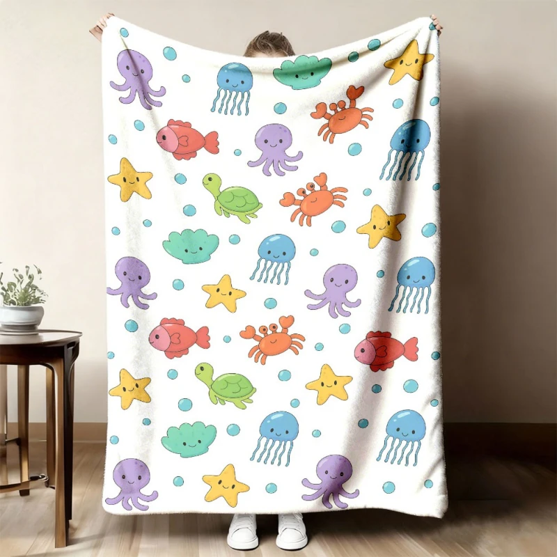 Colorful Marine Creature Full Print Throw Blanket,Soft Bed,Lounge Cover,Chill Night Cover,Birthday Home Casual Souvenir