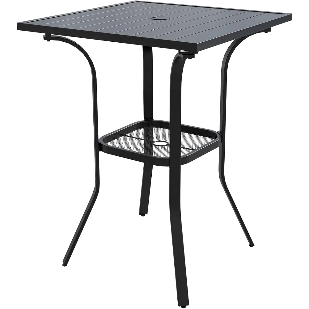

Patio Bar Height Table, Outdoor Square Bistro Table with Umbrella Hole, Metal Frame and Slat Design, Ideal for Patio Lawn Backy