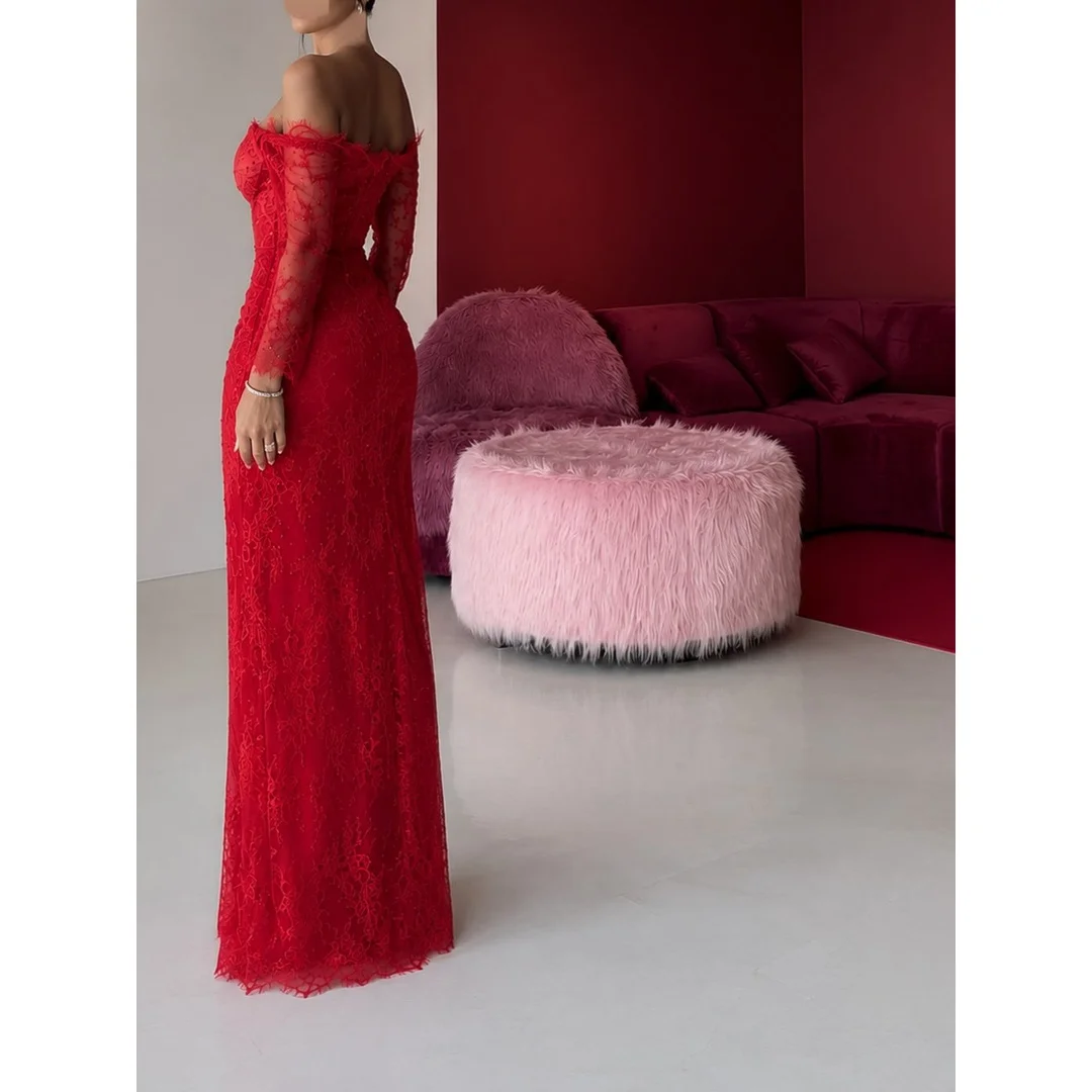 Short Sleeves Bespoke Occasion Dresses for Special Occasions Red Elegant Woman Dress Customized Mermaid Embroidered Lace Evening