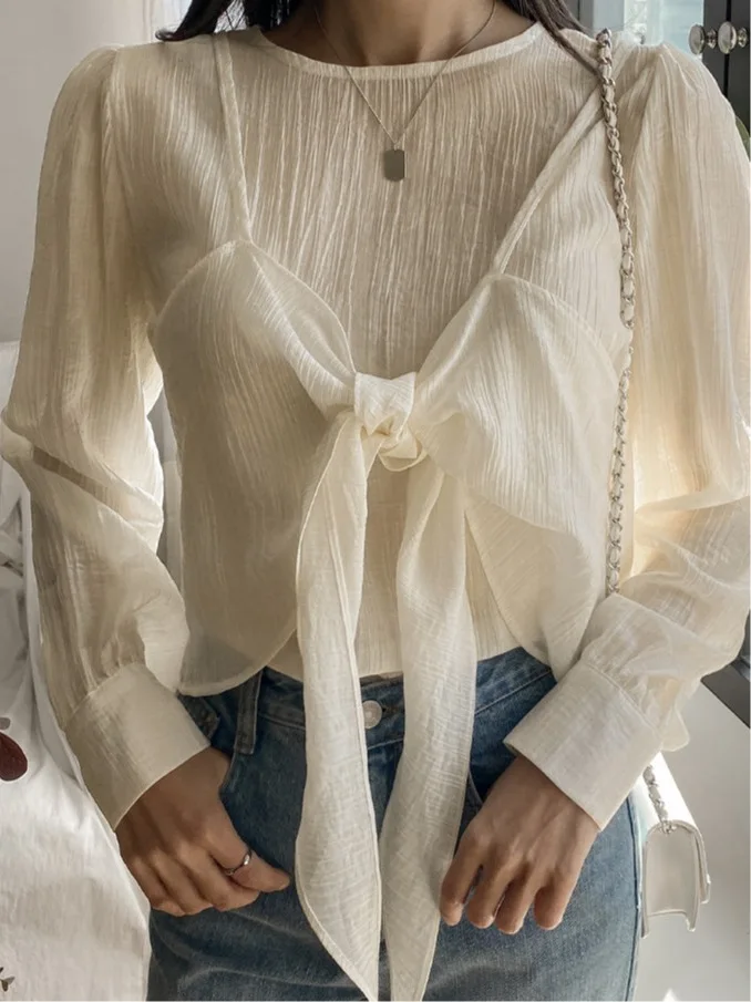 

Ele Sweet Knot Long Sve irt Women's Faionable Top Korean Sle Loose Fit Fake Two-Piece Blouse