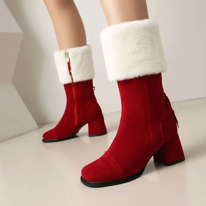 SIMLOVEYO النساء موضة الفراء منتصف العجل الأحذية ساحة تو كتلة الكعوب 6 سنتيمتر سستة الدانتيل يصل حجم كبير 41 42 43 قطيع الجلد المدبوغ الشتاء بوتا #6