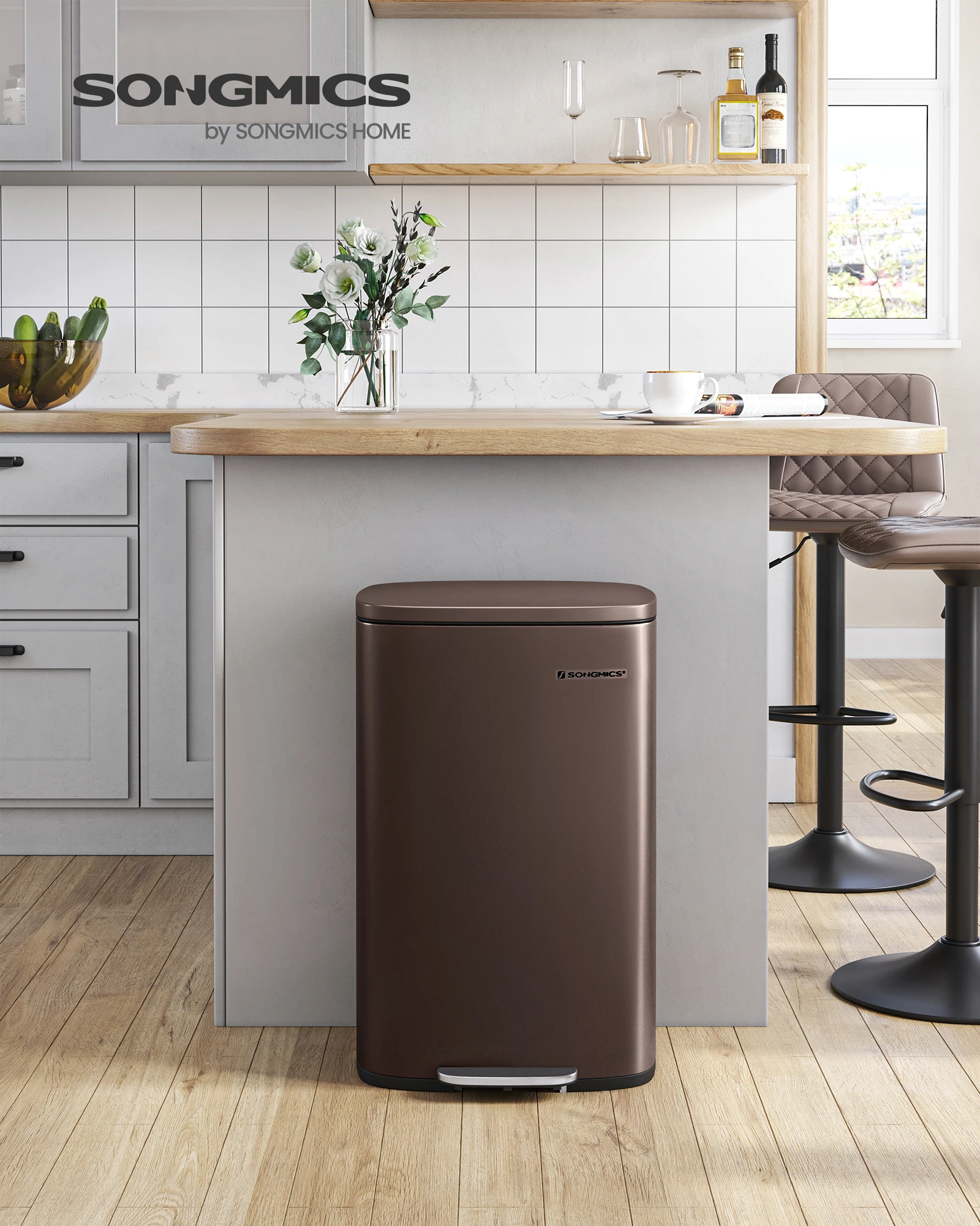 SONGMICS pubelle Cuisine 50L, Bureau, Fermeture Douceur en, con Pédale, en Acier, Seau Intérieur, Marron