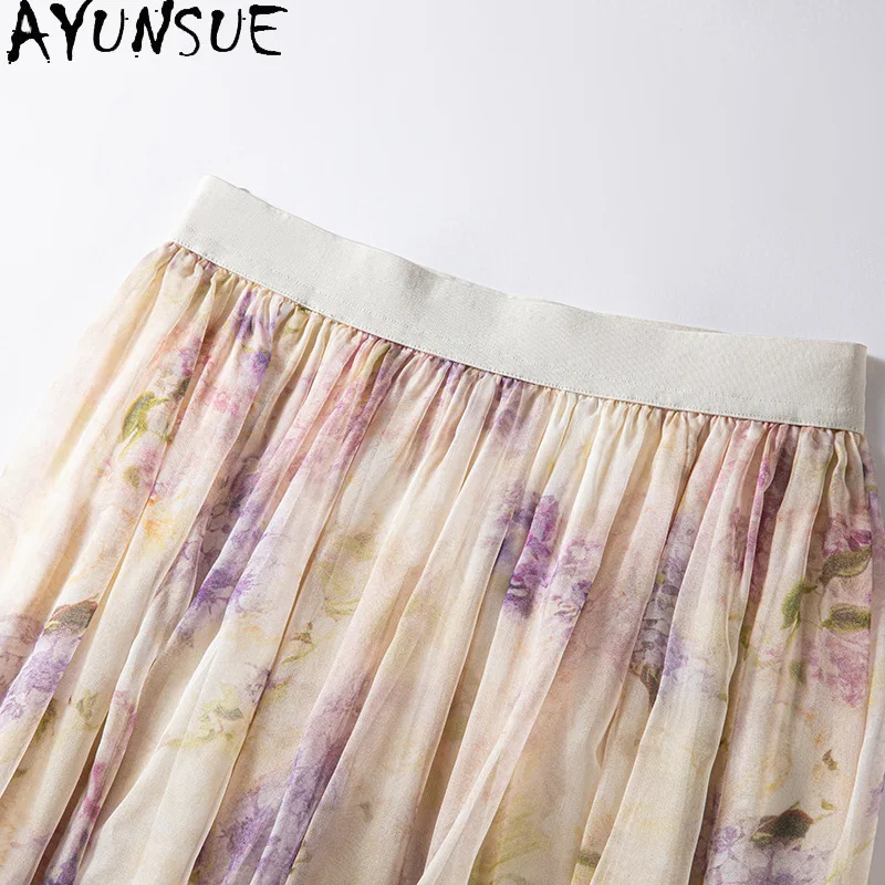 AYUNSUE 100% Silk Women's Skirts High Waist Long Skirts for Women Stylish A-Line Skirt Spring Summer Clothes for Woman Юбка