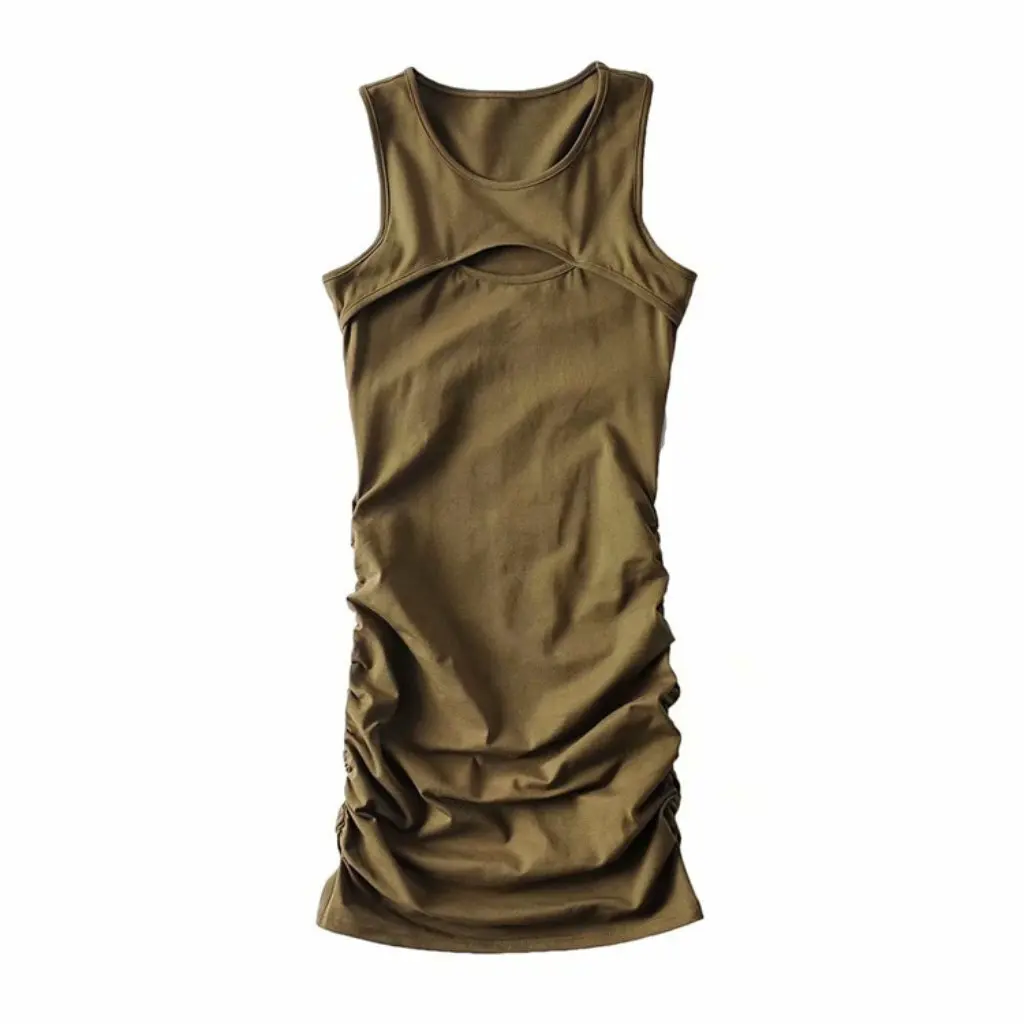 YPFF verão fino ajuste colete saia sem mangas em torno do pescoço cintura plissada estilo europeu americano vestido casual para mulher