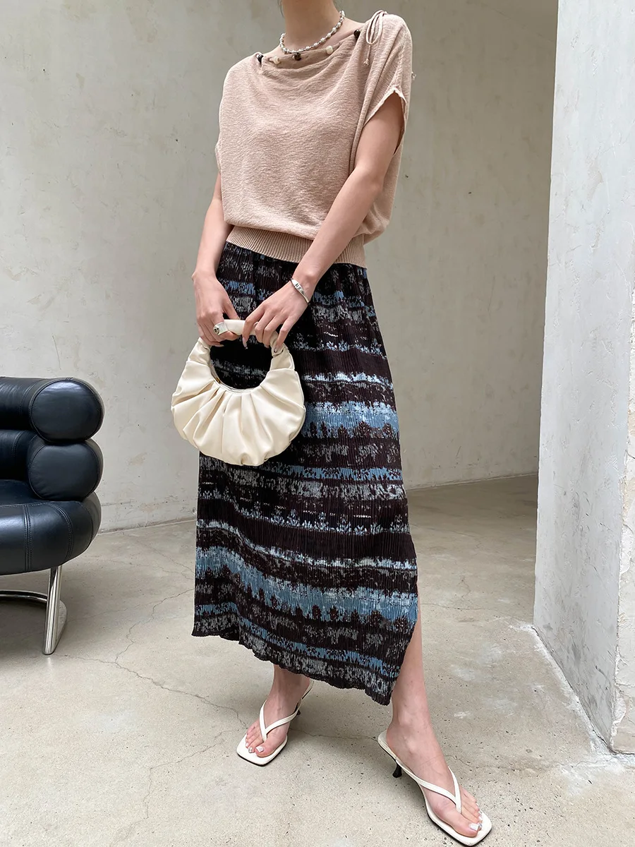 Sommerlicher Damenrock mit elastischem Bund, plissierter Textur, Retro-Print und geradem Schnitt – Detail 19