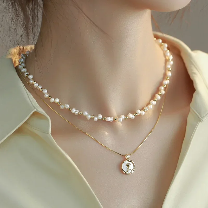 

Freshwater Natural Pearl Double Layered Matched Chain Rose Pendant Necklace Fashion Design Elegant Women Girls Gift Jewelry