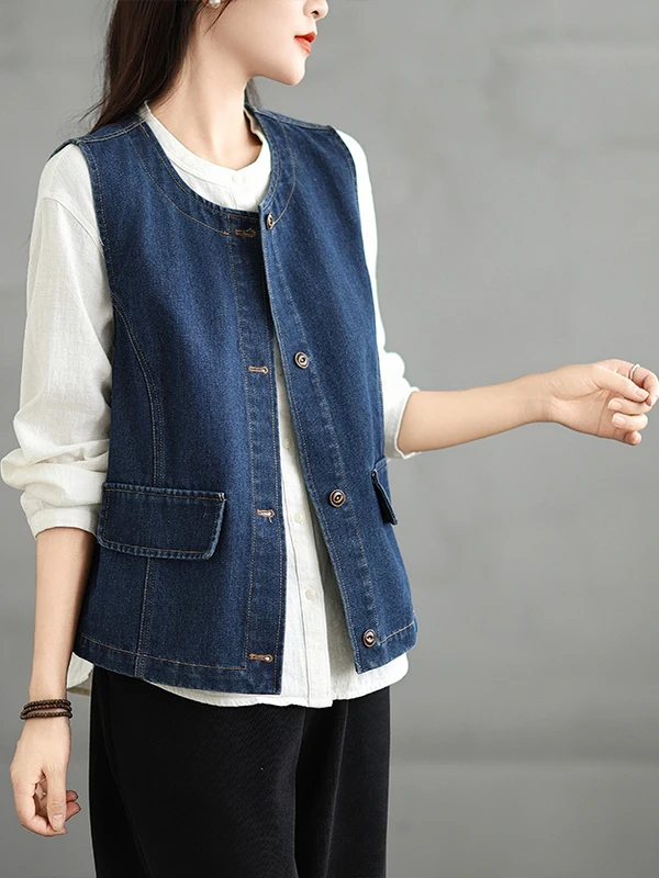 Gilet en Denim rétro pour femmes, vêtements d'extérieur d'automne, Design Sense, taille ort, Jaet, pour les déplacements, rond, fermeture à bouton unique