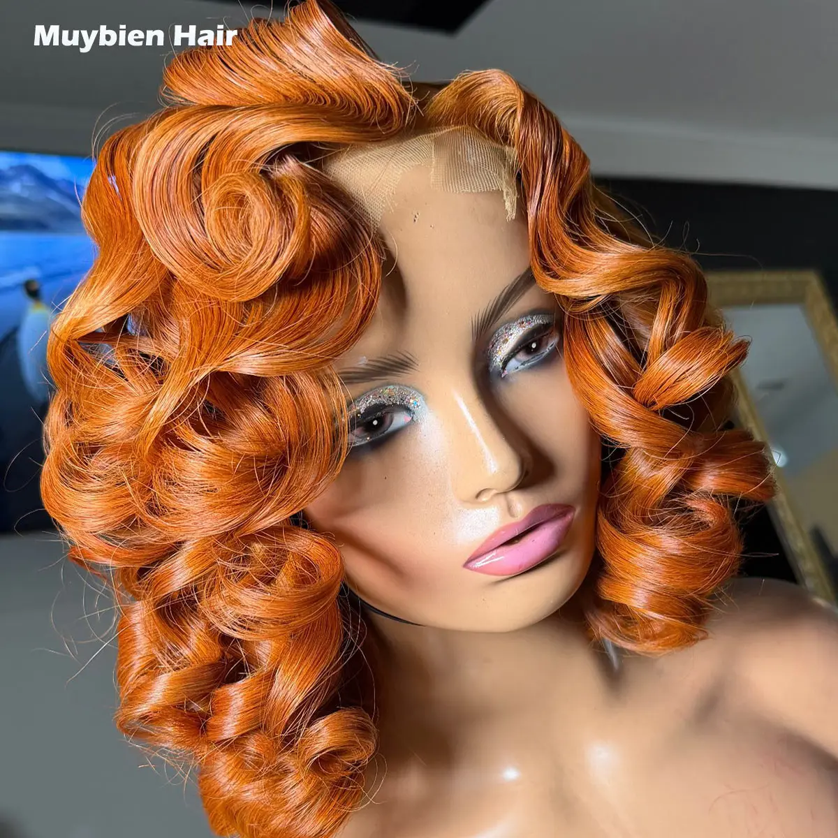 Human Hair Ginger Orange Bouncy Curly Glueless Wigs Ready to Wear 13x6 13x4 HD Transparent Lace Front Drawstring Glue-Free Wigs