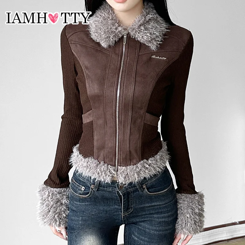 IAMHOTTY Faux Fur Patchwork Suede Jacket Vintage Slim-fitting Zip-up Coat Autumn Winter Contrast Color Outerwear Korean Chic