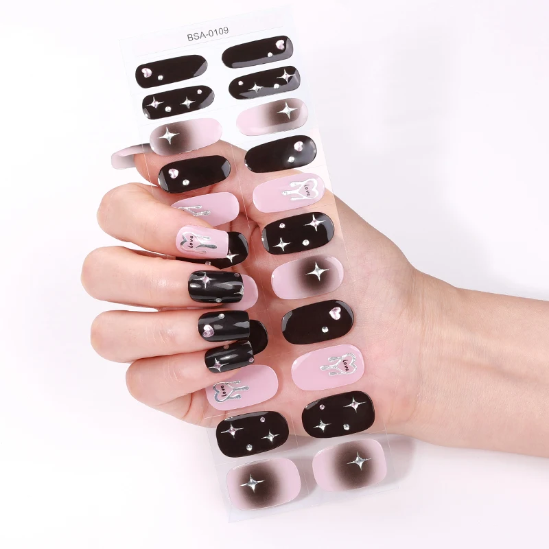 Bandes pour ongles en Gel à paillettes, 22 pointes, couverture complète sans cuisson, Plaid, nœud papillon, étoile, autocollants pour ongles, décoration de manucure à faire soi-même, Y2K