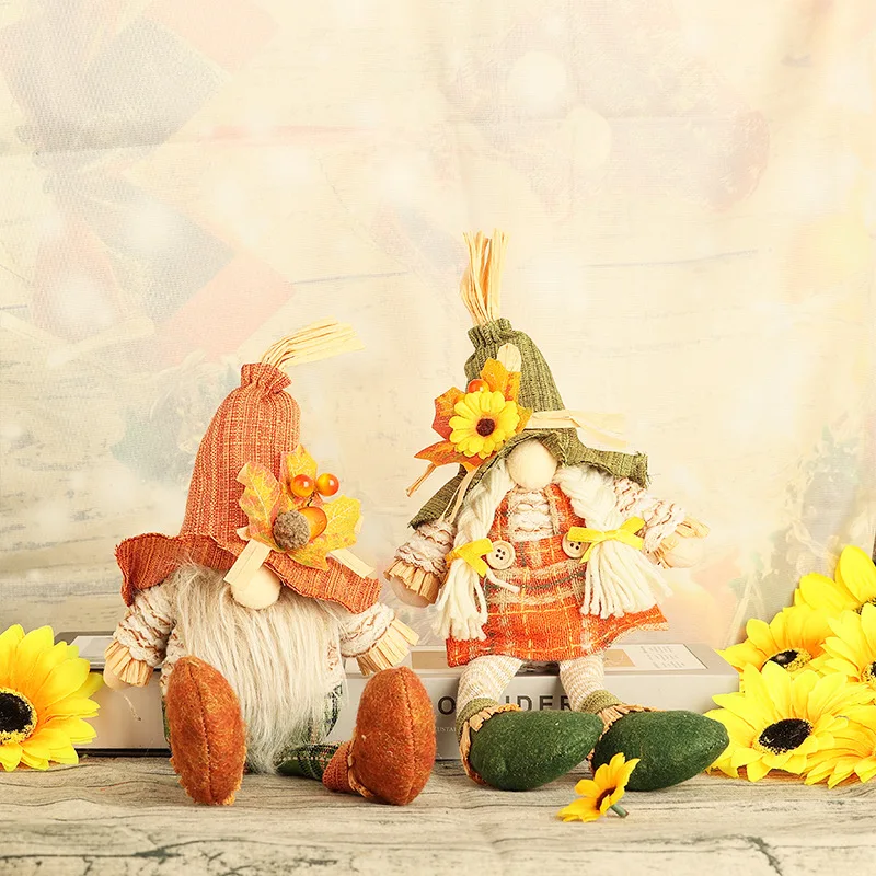 Thanksgiving Gnome Doll Maple Leaf Sunflower Straw Hat Fabric Sitting Desktop Ornament