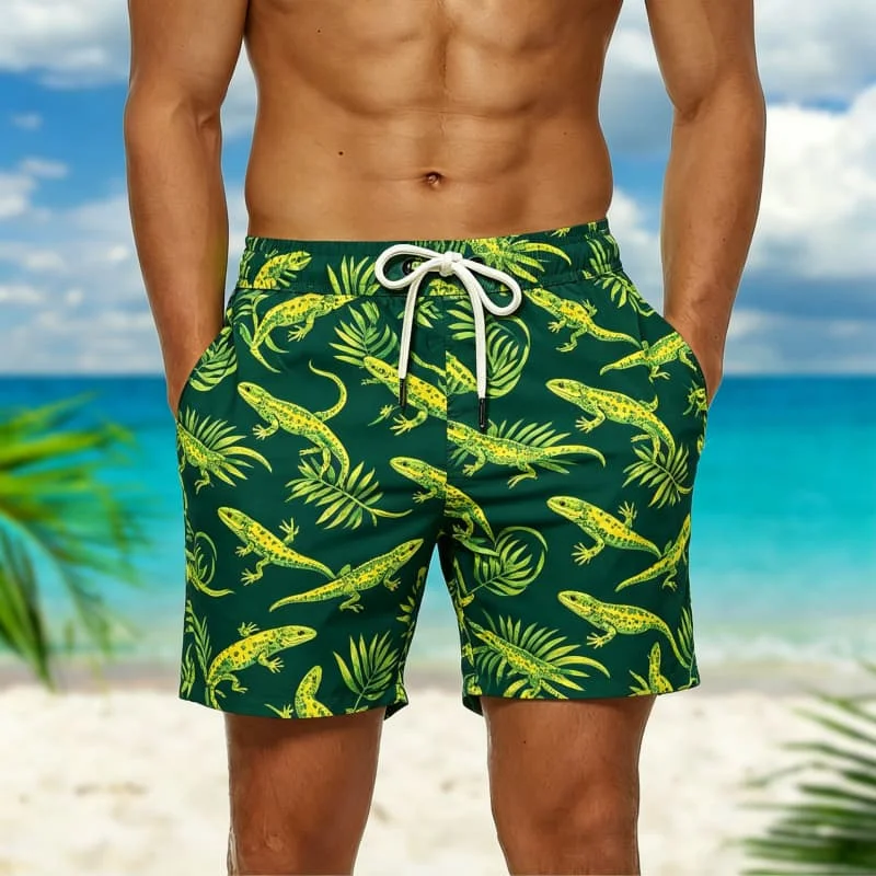 Men's tropical animal printed shorts, quick drying casual beach shorts, suitable for summer vacation and daily leisure