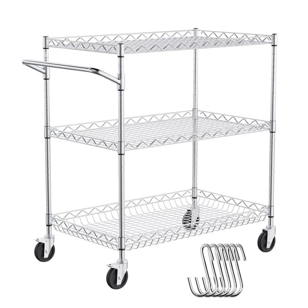 

3-Tier Utility Cart Rolling Cart on Wheels 30"x18"x32.4" 661 LBS 6 Hooks
