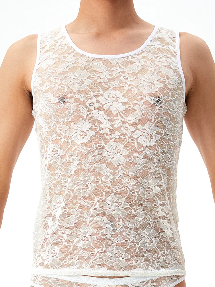 Fashion Sexy Round Neck Lace Plus Size Vest Men's High Elastic Ultra Thin Sheer Skin Friendly Breathe Slim Short Top TRYA