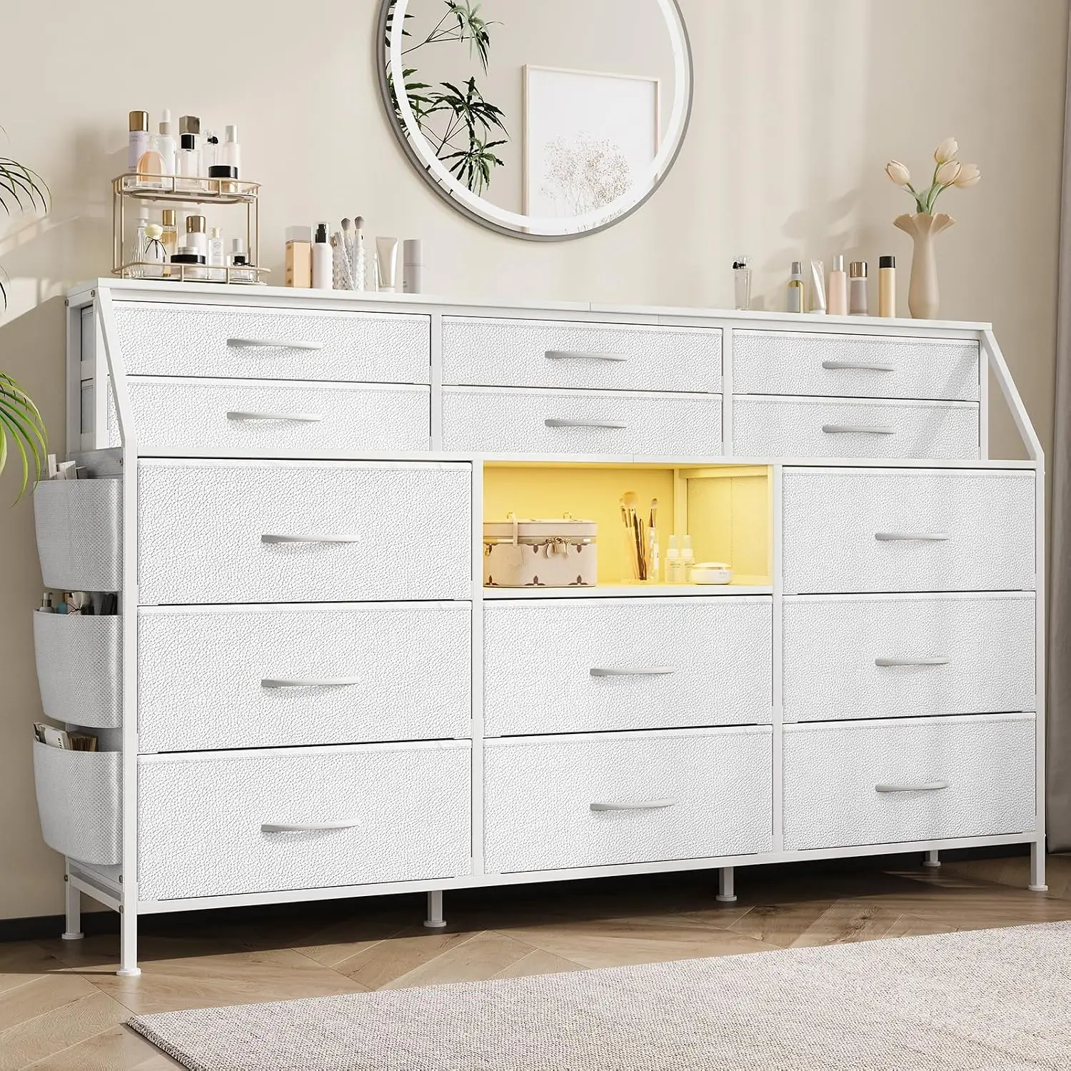 14 Fabric Drawers Dresser TV Stand with Metal Frame & Wood Top Open Shelves for Bedroom Living Room Closet, Customized