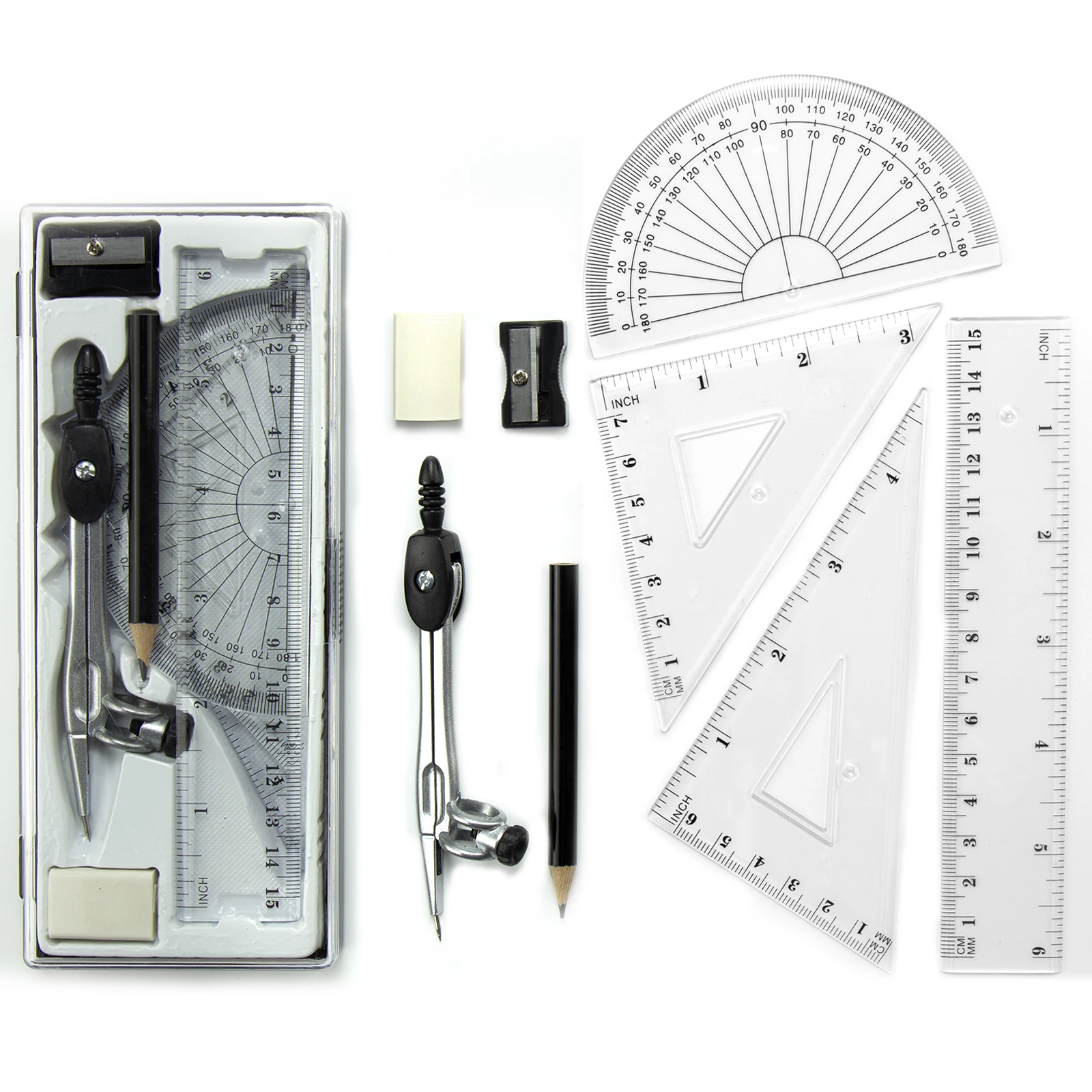 Basic 8-Piece Metal Compass Set, Geometry Drafting Drawing Tools for Student Use