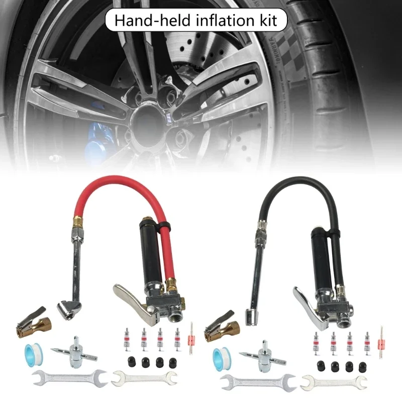 Tire Inflator 12Inch Flexible Air Tires Pressure Gauge 20 - 120PSI 1/4NPT Offset Double Head Chuck Tire Filler with Hose