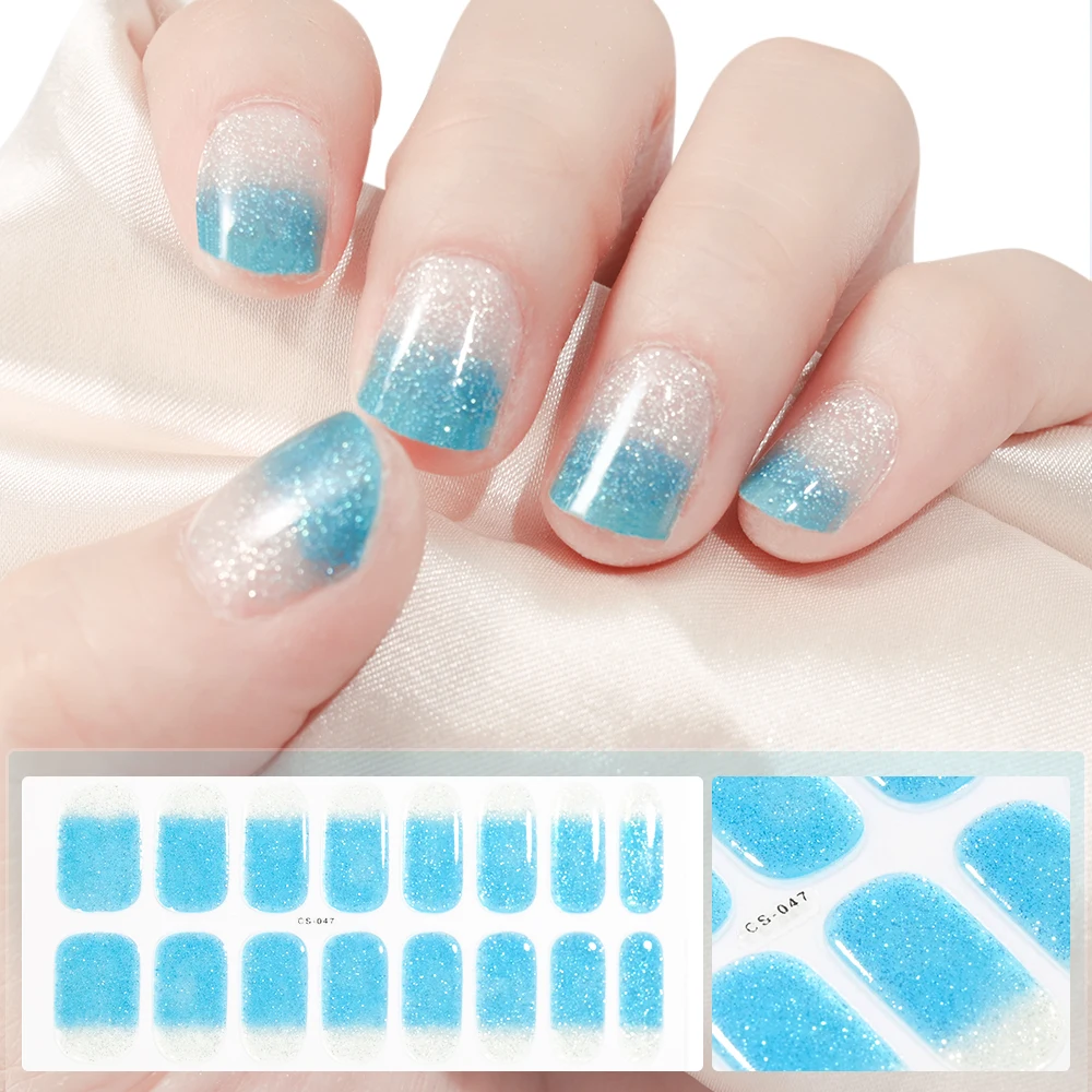 16Tips UV Semi-Cured Gel Nail Art Stickers Glitter High-Gloss Water-Proof Polish Wraps Full Cover Manicure Press On Nails Patch